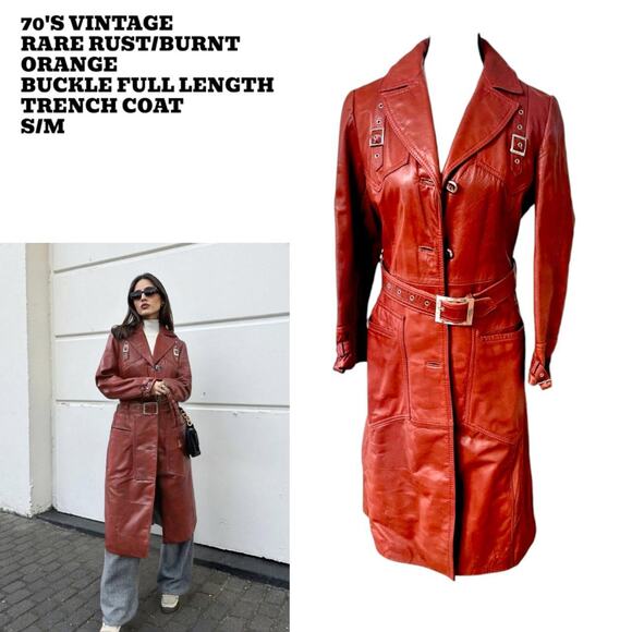 70'S VINTAGE RARE RUST BURNT ORANGE BUCKLE‎ TRENCH COAT JACKET S/M - Picture 1 of 7